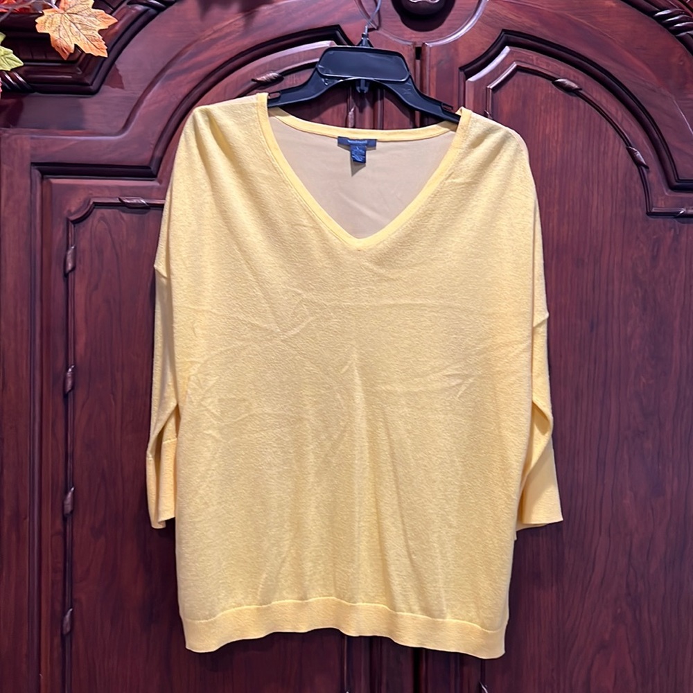 Bright yellow lightweight sweater with sheer back, see photos.
3/4 length sleeve